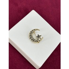 Calista Aksesuar Siyah Taşlı Ay-Yıldız Figürlü Gold Broş