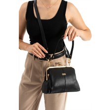 CLASSBAG Kadın Siyah Kisslock Tokalı-Iki Askılı Çok Bölmeli Omuz Çantası Orta Boy