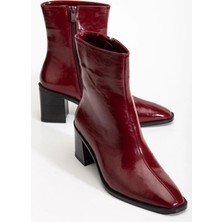 Kadın Bordo Cilt Kalın Topuklu Fermuarlı Kısa Topuklu Bot Bootie