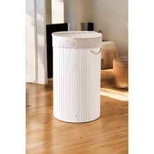 Akkoyunlu Home Bambu Katlanır Yuvarlak Kirli Çamaşır Sepeti Beyaz Hasır Çamaşır Sepeti 35X60
