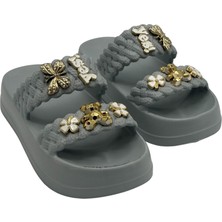 Gökçe Örgü Desenli Gold Aksesuarlı Çeyizlik ve Misafir Terliği - Yıkanabilir Eva Şık Banyo ve Ev Terliği