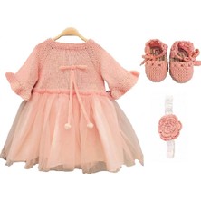 Pacco Baby El Örgüsü %100 Pamuk Yavruağzı 3'lü Ponponlu Tütü Elbise Set