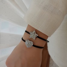 Lente Aksesuar Siyah Ip Bileklik - Zirkon Taş Detaylı Şans Bilekliği