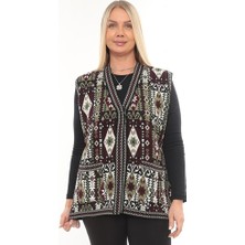 Kadın Etnik Model Triko Örgü Kilim Cepli Kışlık Kalın Anne Yelek