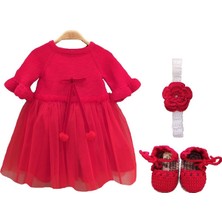 Pacco Baby El Örgüsü %100 Pamuk Kırmızı 3'lü Ponponlu Tütü Elbise Set