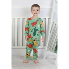 Queen Kids Queenkids Erkek Çocuk PJ-34218 Pijama Takımı Yeşil Dino