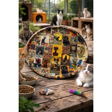Atagift Hediyelik Kedi Temalı Sanat Desenli Dekoratif Metal Çay Kahve Sunum Tepsi – 35 cm