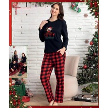 Queen Kids Kadın Interlok Pijama Takımı Yılbaşı Konsepti Siyah-Kırmızı