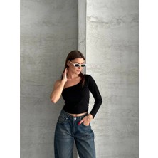 Esila Moda Kadın Siyah Tek Omuz Uzun Kollu Bluz