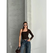 Esila Moda Kadın Kahverengi Tek Omuz Uzun Kollu Bluz