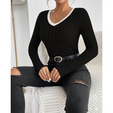 StockMount Kadın V Yaka Siyah Beyaz Ribana ve Garni Detay Şardonlu Kaşkorse Kumaş Bluz