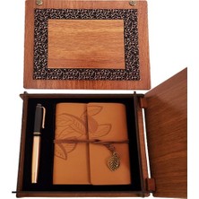 Just Cheap Store Ahşap Kutulu Taba Renk Deri Defter ve Kalem Set