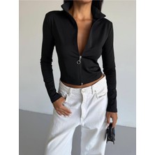 StockMount Kadın Siyah Fermuarlı Parmak Geçirmeli Slim Fit Dalgıç Kumaş Sweatshirt