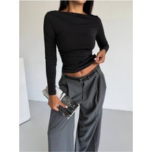 StockMount Kadın Kayık Yaka Yan Büzgülü Sandy Kumaş Uzun Kol Siyah Bluz