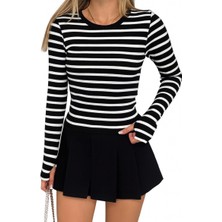 StockMount Kadın Çizgi Detaylı Bisiklet Yaka Kaşkorse Kumaş Uzun Kollu Fit Bluz