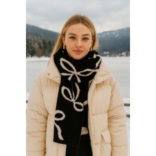 Kokoş Iyonk Desenli Siyah Beyaz Çift Taraflı Triko Yün Yumuşak Dokulu Şal Atkı 30X200 cm