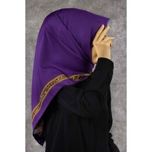 Violla Twill Çizgili Bordür Leopar Desenli Mor Renkli 90X90 Eşarp (Ipek Içermez)