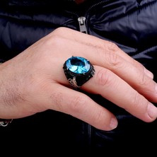 Takı925 925 Ayar Gümüş Aqua Renk Zirkon Taşlı Tuğra Model Yüzük