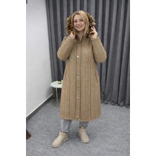 TUTveAL Collection Kadın Içi Kürklü Mont Uzun Kapitone Mont Kapüşonlu Büyük Beden Mont Vizon-50