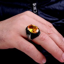 Takı925 925 Ayar Gümüş Sarı Zirkon Taşlı Tuğra Model Yüzük