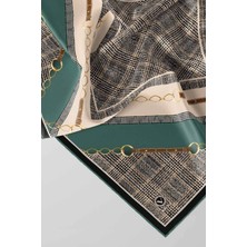 Violla Twill Kemer ve Zincir Detaylı Ekose Desenli Petrol Yeşili Renkli 90X90 Eşarp (Ipek Içermez) Kenar Di
