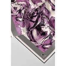 Violla Twill Gül Yaprak Desenli Lila Renkli 90X90 Eşarp (Ipek Içermez) Kenar Dikiş Şekli El Dikişli