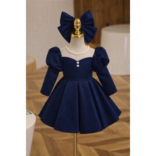 Musgem Özel Tasarım Lacivert Uzun Kol Inci Detaylı Kız Çocuk Abiye Elbise