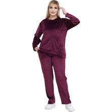 Melsay Butik Parlak Kadife Bordo Yarım Garni Taşlı Kadın Eşofman Takımı