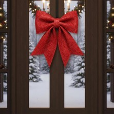 Büyük ve Kaliteli Kırmızı Simli Eva Fiyonk Dekor Yılbaşı Çam Ağacı Kapı Süsü 60 x 65CM