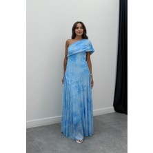 Havoş Mavi Desenli One Shoulder Şifon Elbise