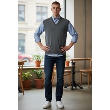 Gömlek Galerisi Erkek Regular Fit Düz V Yaka Süveter Yünlü Triko Kazak