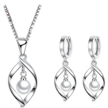 Kumi 925 Ayar Gümüş Inci Taşlı Özel Tasarım Gümüş Kolye Ve Küpe Seti