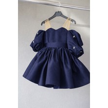 Musgem Özel Tasarım Lacivert Tül Askılı Taş Detaylı Balon Kol Kız Çocuk Abiye Elbise