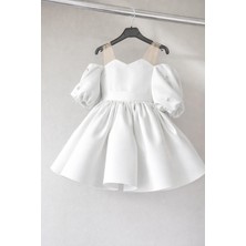 Musgem Özel Tasarım Beyaz Tül Askılı Taş Detaylı Balon Kol Kız Çocuk Abiye Elbise