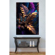 Mgi Design Altın ve Mavi Tropikal Yapraklar Kanvas Tablo Lüks Botanik Tasarım Uv Baskı Salon ve Ofis Tablosu