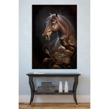 Mgi Design Kahverengi At ve Altın Çiçekler Kanvas Tablo Salon Ofis Dekoru Hayvan Lüks Duvar Panosu