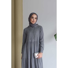 Neways 6531-TAŞLI Tensel  Kapşonlu Reglan Kollu Elbise Gri