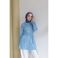 Neways Kuşaklı Kısa Ceket Kadın Mavi Denim Cepli Normal Kalıp Günlük Stil