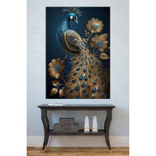 Mgi Design Altın Detaylı Tavus Kuşu Kanvas Tablo Mavi ve Altın Rengi Lüks Dekor Hayvan Figürleri Ev Hediyesi