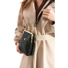 Shalby Siyah Desenli Kumaş Gold Detaylı Kadın Çanta I Vintage Tasarım I 3 Gözlü Şık Model ve Makyaj Aynası