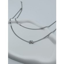 Lagül Aksesuar 316L Çelik Kararmaz Minik Taşlı Kelebek Detaylı 2' Li Kombin Görünümlü Italyan Zincirli Gümüş Kolye