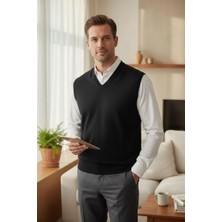 Gömlek Galerisi Erkek Regular Fit Düz V Yaka Süveter Yünlü Triko Kazak