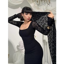 Nils Butik Kare Yaka Zarif Siluet Dantel Dokulu Balık Siyah Abiye Elbise