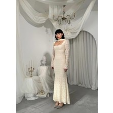 Nils Butik Kare Yaka Zarif Siluet Dantel Dokulu Balık Abiye Elbise