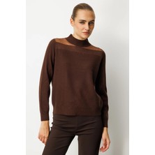 On Triko Yakası Tül Detaylı Taşlı Triko Kazak 60343