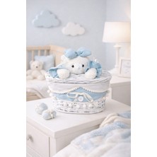 Dekorasyaa Oval Hasır Figürlü Kapaklı Oyuncak Sepeti Seti - Organizer -Mavi-Çamaşır Sepeti - 25X16CM