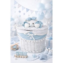 Dekorasyaa Oval Hasır Figürlü Kapaklı Oyuncak Sepeti Seti - Organizer -Mavi-Çamaşır Sepeti - 33X27CM