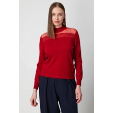 On Triko Yakası Tül Detaylı Taşlı Triko Kazak 60343