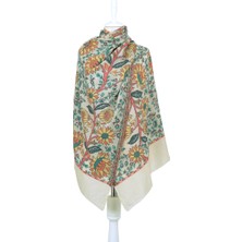 Bursa İpek Krem Jakar Desenli Yün Şal