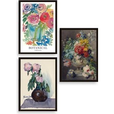 Sinems World Çiçek Üçlü Ahşap Çerçeveli Tablo